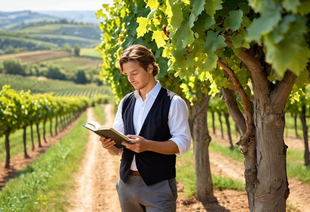 A scenic vineyard path winding through lush grapevines, with a scholar holding a wine book and a glass of wine in hand, contemplating the connections between education and oenology. Soft sunlight bathes the scene, highlighting droplets of water on the leaves. In the background, a rolling countryside peaks through, symbolizing opportunities in wine studies. super-realistic. vibrant colors. natural lighting.
