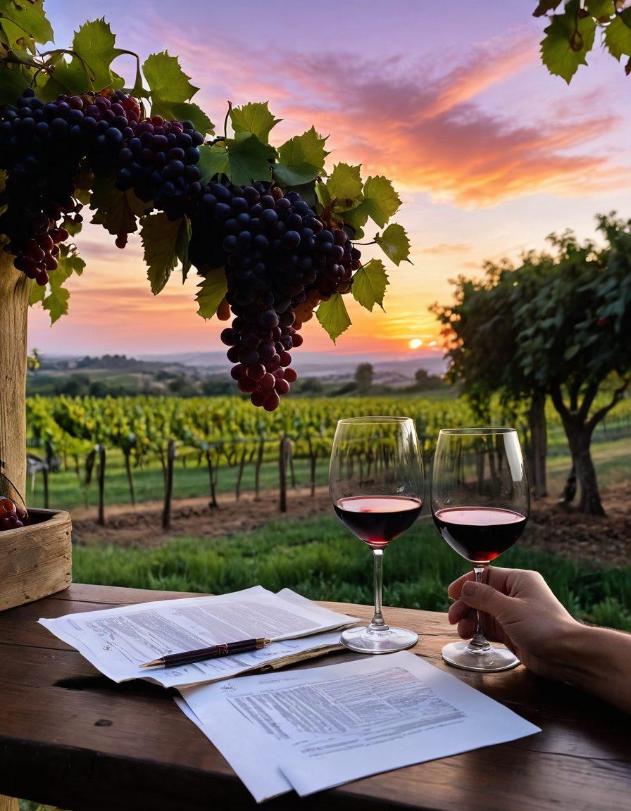 A lush vineyard scene at sunset, with clusters of ripe grapes dangling from the vines, symbolizing potential and growth. In the foreground, a vintage wooden table holds a grant application form, pen, and a glass of deep red wine. In the background, an aspiring vintner examines the vineyard, showcasing ambition and passion. The sky is painted in warm hues of orange and purple, representing opportunity and transformation. vibrant colors. painting.