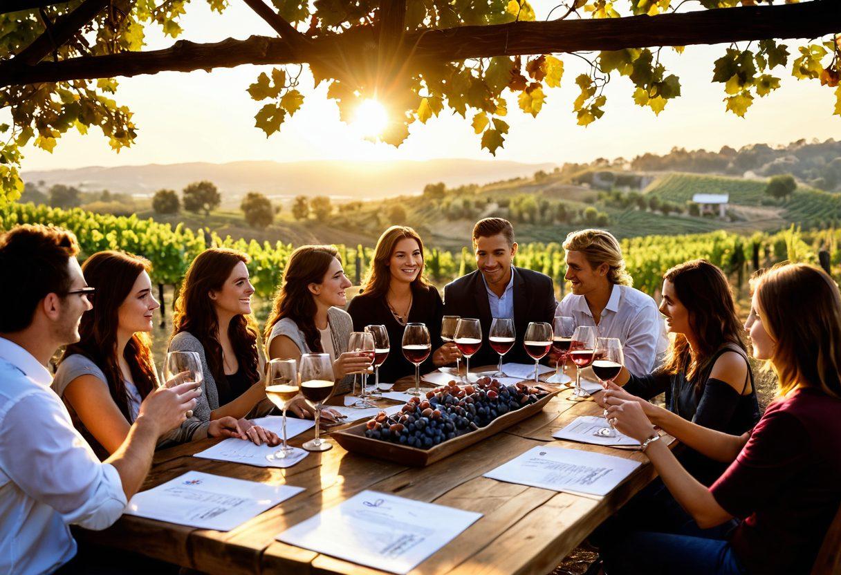 A cozy vineyard setting during golden hour, with a diverse group of aspiring vintners enthusiastically discussing wine education. A rustic table is adorned with various wine glasses and grapevines, while the sun sets in the background, casting a warm glow. In the forefront, a scholarship certificate is prominently displayed. super-realistic. vibrant colors. soft focus.